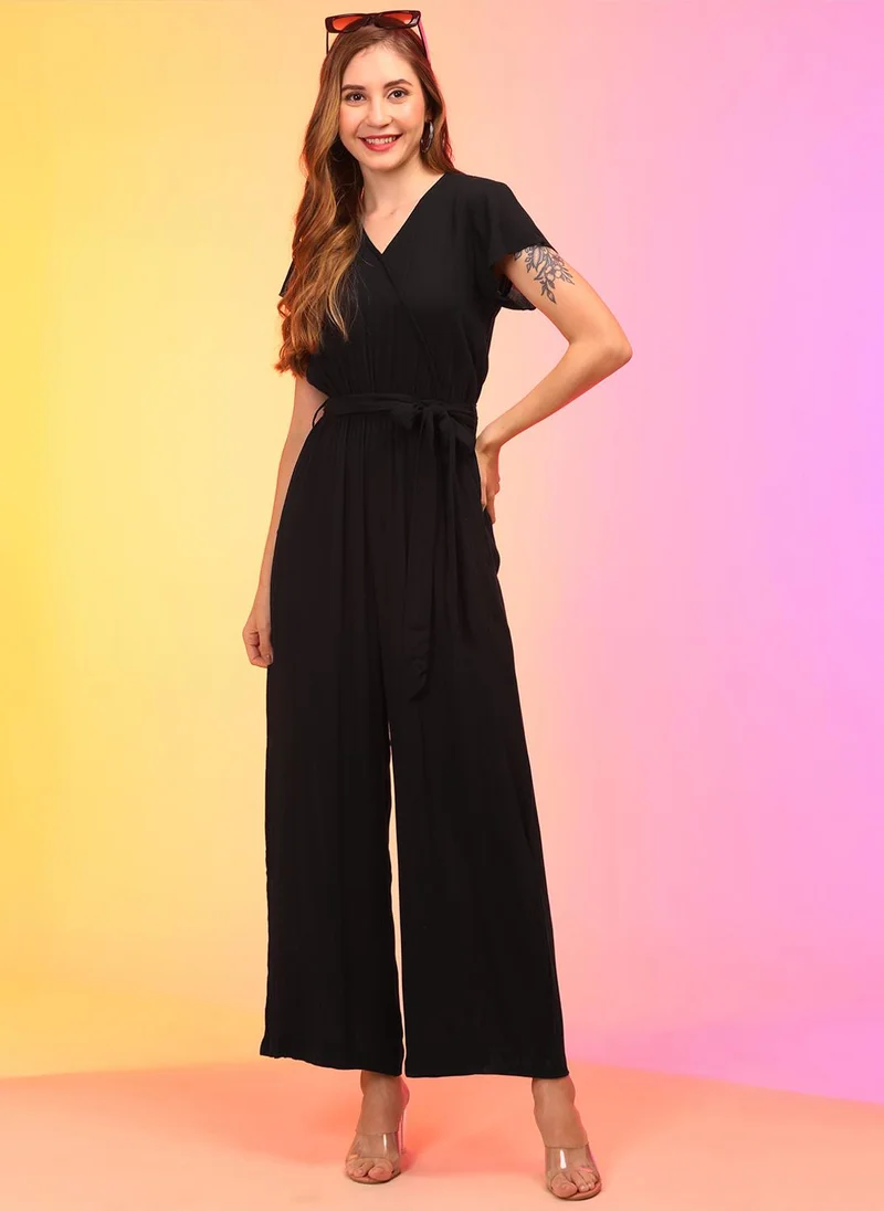 globus Globus Women Black V-Neck Waist Tie-Ups Jumpsuit With Belt